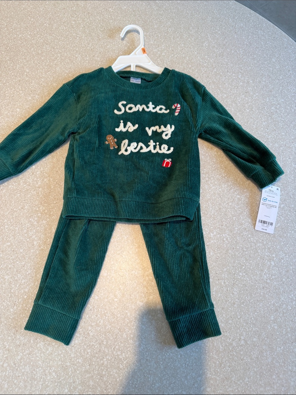 Carter's Dark Green Corduroy Holiday Pajama Set - 'Santa is my bestie'